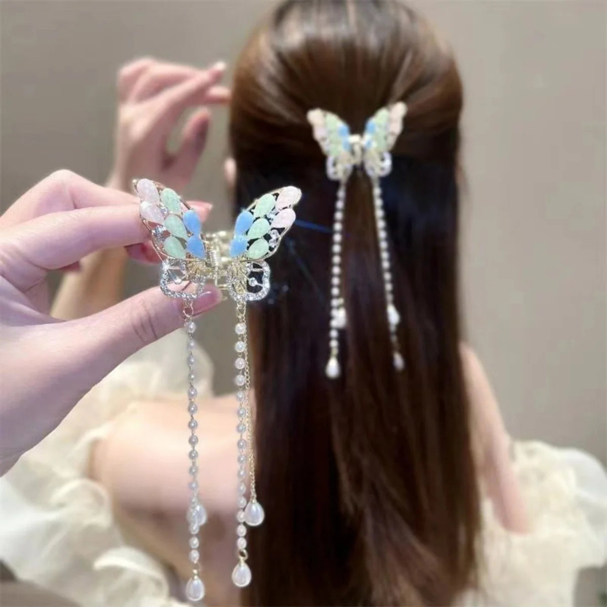 Chic Butterfly Pearl Tassel Hair Clip