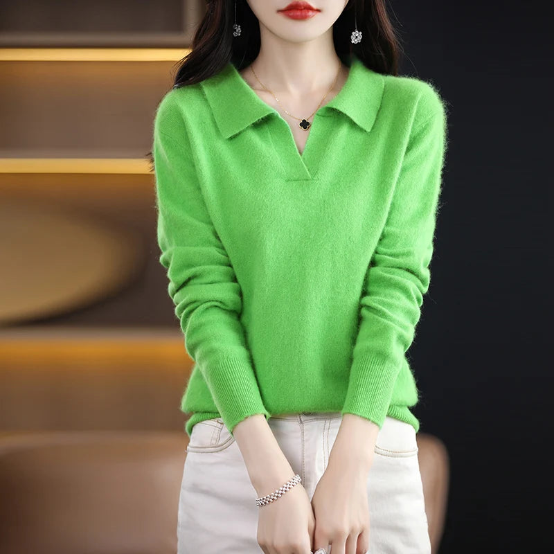 Pulls polo tricotés à manches longues en pur vison et cachemire pour femmes