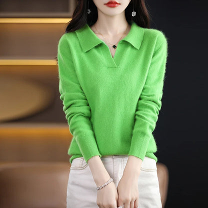 Pulls polo tricotés à manches longues en pur vison et cachemire pour femmes