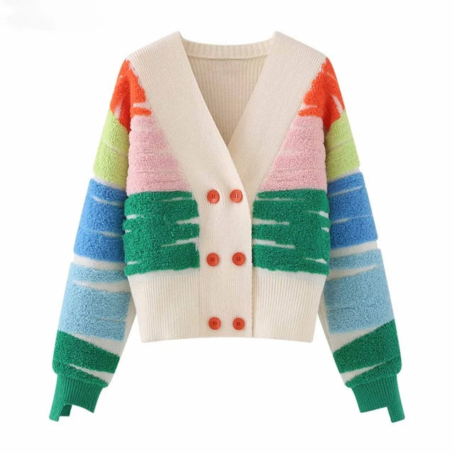 Women's Rainbow Striped Knit Cardigan – V-Neck Double-Breasted Sweater