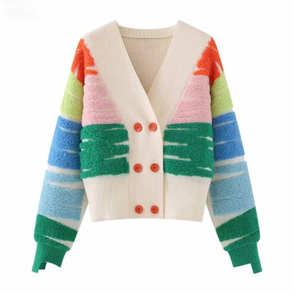 Women's Rainbow Striped Knit Cardigan – V-Neck Double-Breasted Sweater