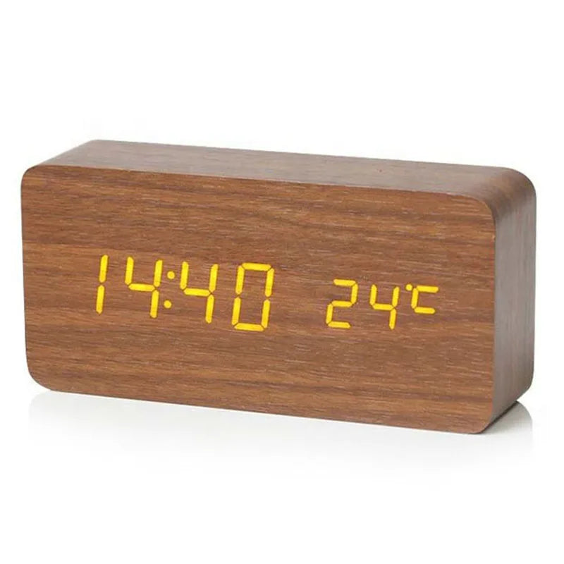 Voice Control Wooden LED Alarm Clock - USB/AAA Powered