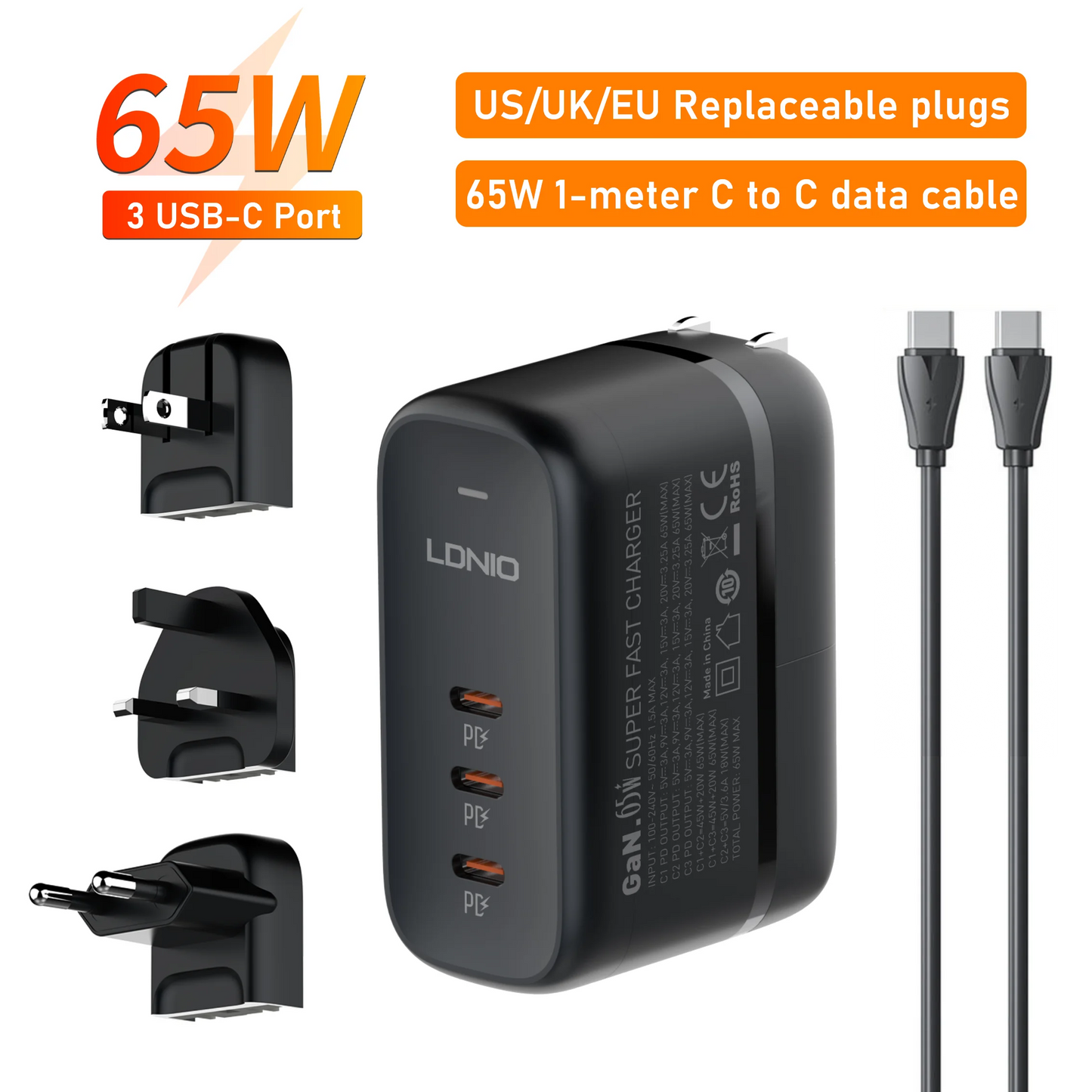 65W QC3.0 3-Port USB C Fast Charger