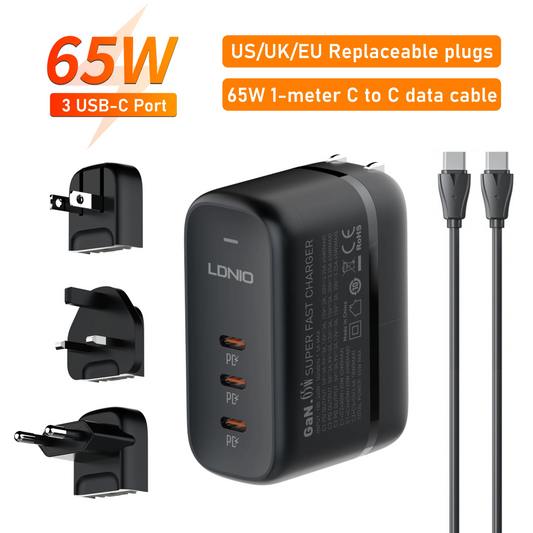 65 W QC3.0 3-Port USB C Schnellladegerät