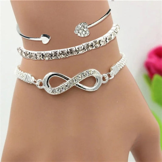 Ensemble Vintage couleur argent cristal strass coeur bracelets pour femme mode géométrique réglable infini manchette bracelet bijoux