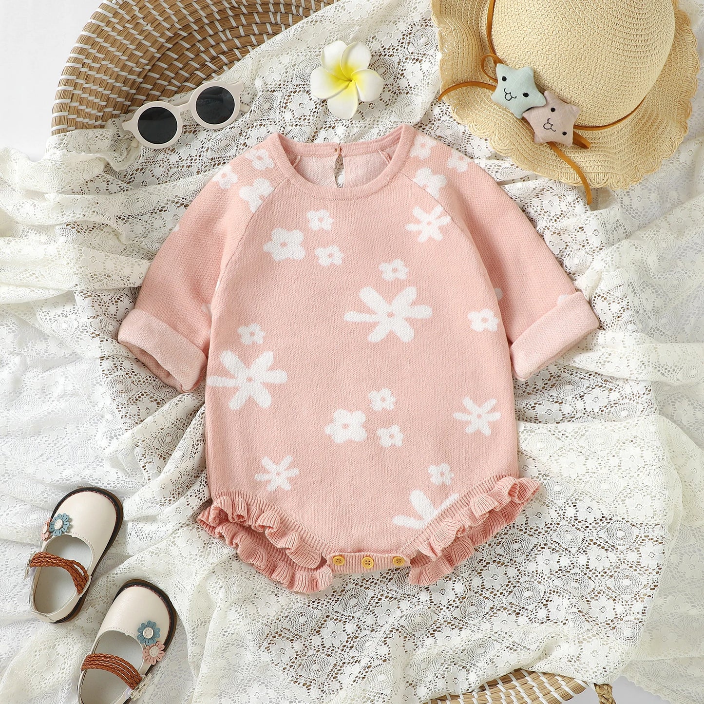 Knitted Infant Girl Bodysuits Floral Winter Playsuits