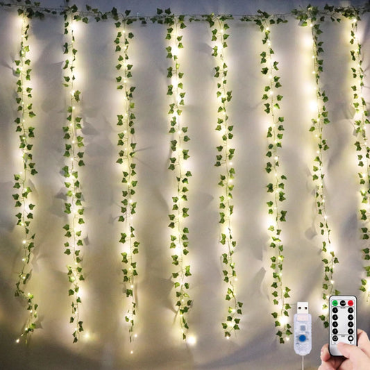 Guirlande de lierre LED 12 pièces 2 m - Feuilles vertes artificielles pour la décoration intérieure et murale