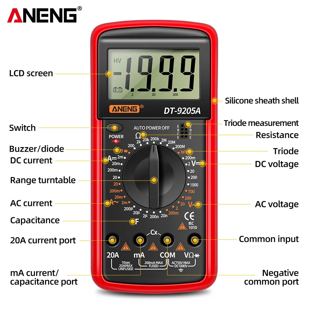 Multimètre numérique DT9205A - Testeur de transistor AC/DC, plage automatique