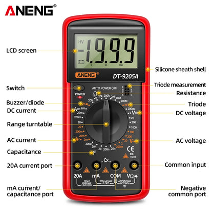 Multimètre numérique DT9205A - Testeur de transistor AC/DC, plage automatique