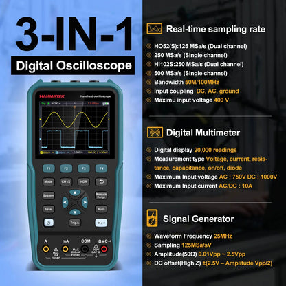 Oscilloscope numérique, multimètre et générateur de signaux 3 en 1