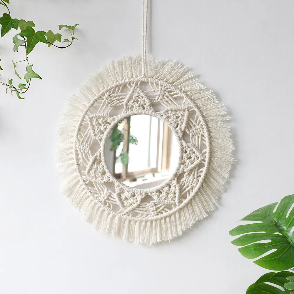 Miroir mural rond en macramé Boho