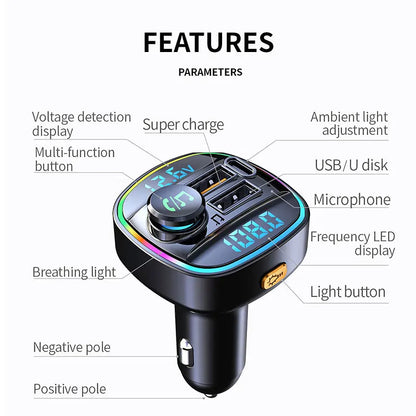 Bluetooth 5.0 FM-Transmitter-Automodulator mit Freisprecheinrichtung, MP3-Player und 22,5-W-Schnellladeadapter
