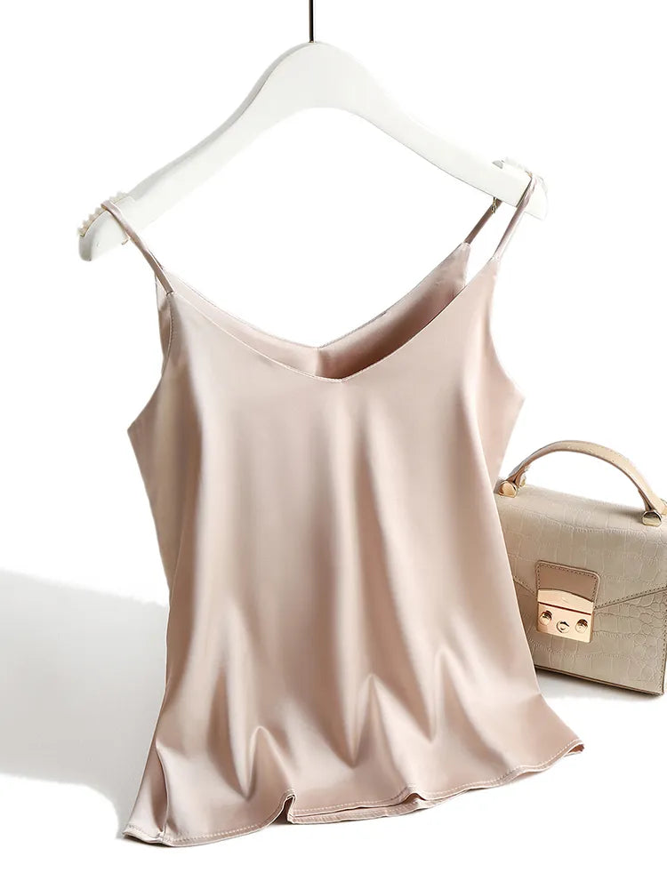 V Neck Basic Cami Sleeveless Satin Silk Tank Tops