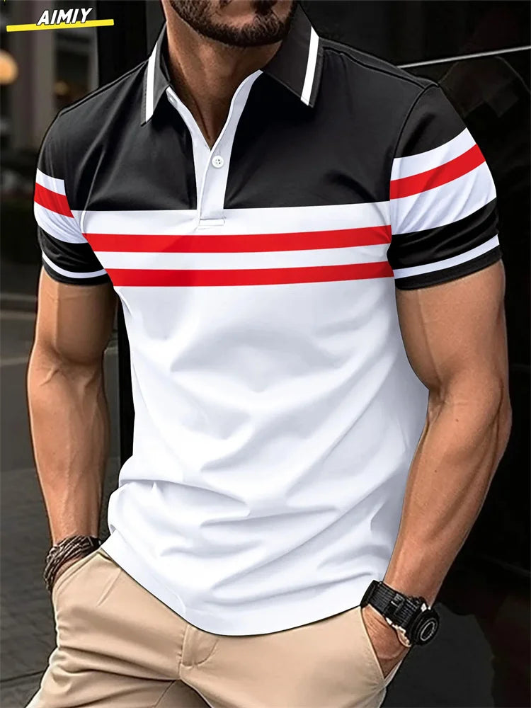 Herren Golf Stripe Poloshirt Lässiges Kurzarm-Poloshirt Einfarbiges Revers Mode Neues Business-Sport-T-Shirt Atmungsaktives Oberteil