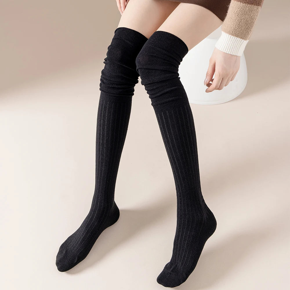 Solid Color Cotton Knee-High Thigh Socks