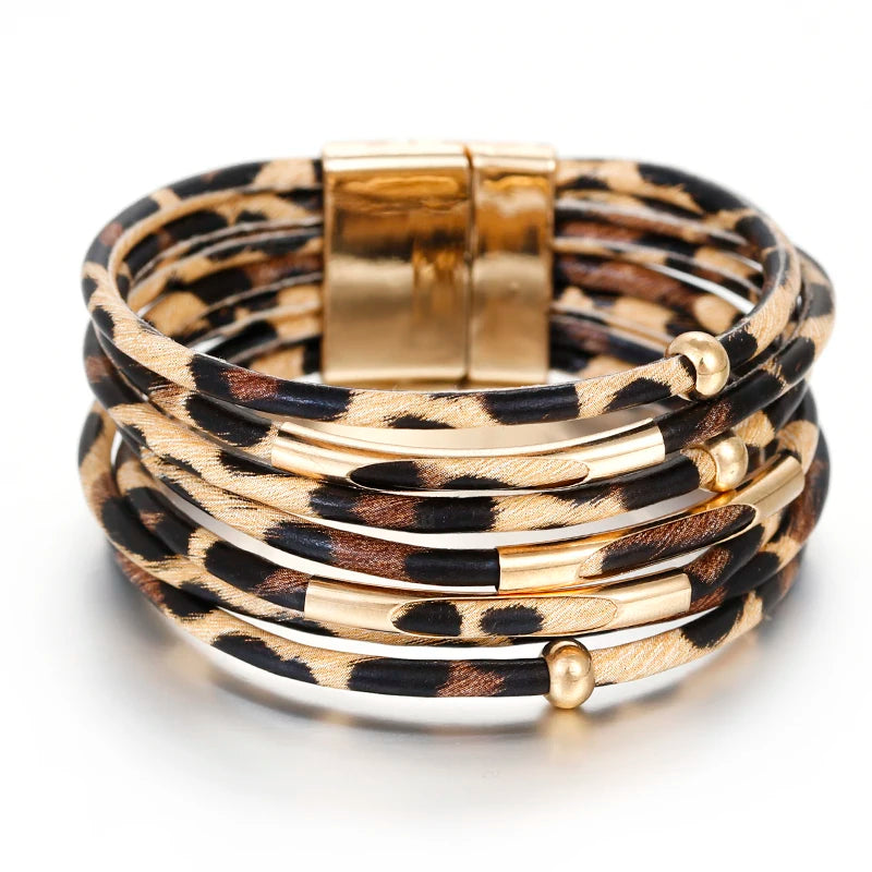 Leopard Leather Wrap Bracelet - Multilayer Metal Tube Charm