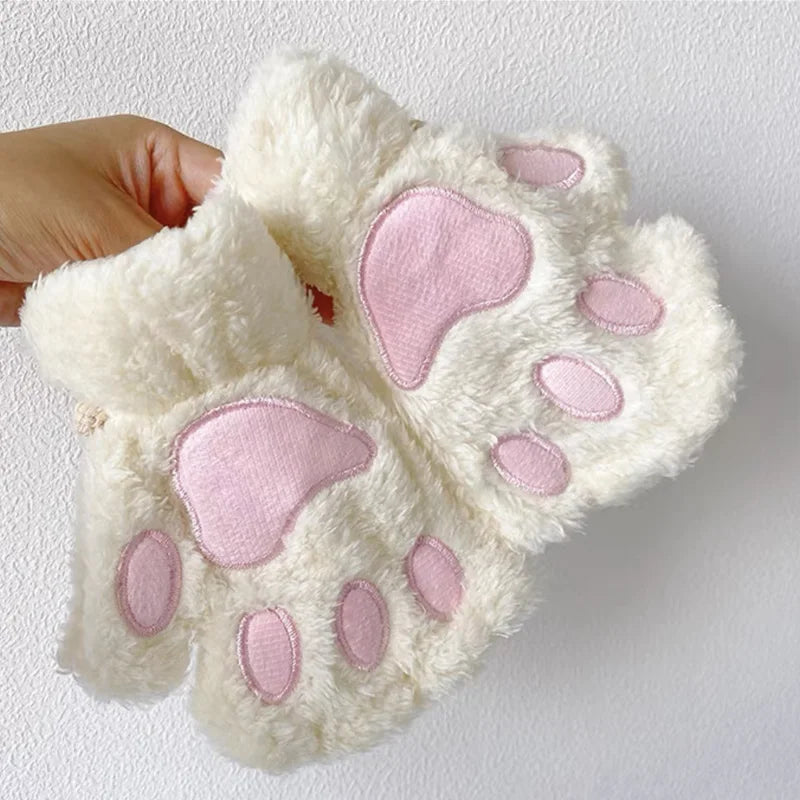 Cute Cat Paw Fingerless Plush Gloves - Warm & Fluffy