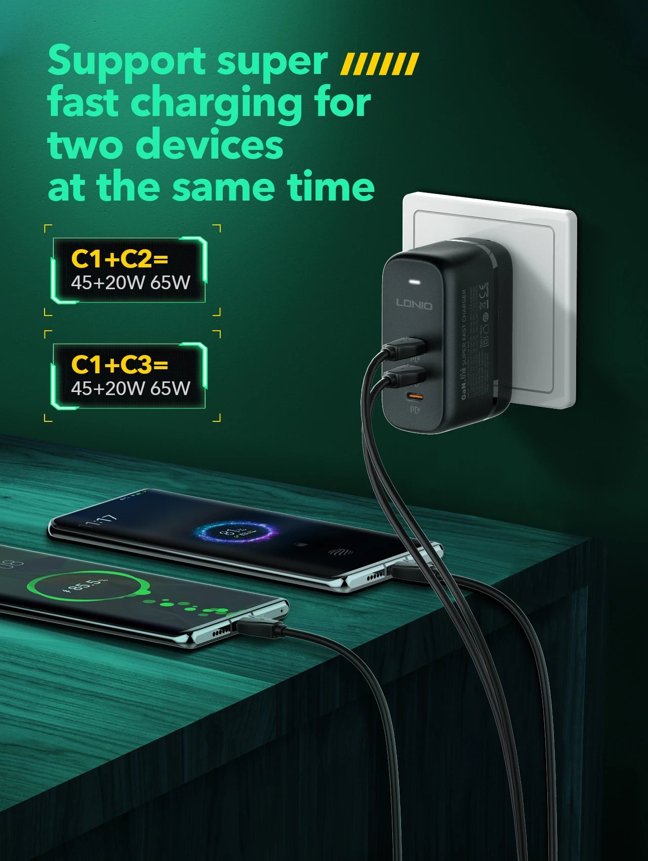 65W QC3.0 3-Port USB C Fast Charger