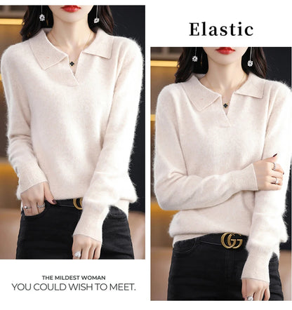 Pulls polo tricotés à manches longues en pur vison et cachemire pour femmes