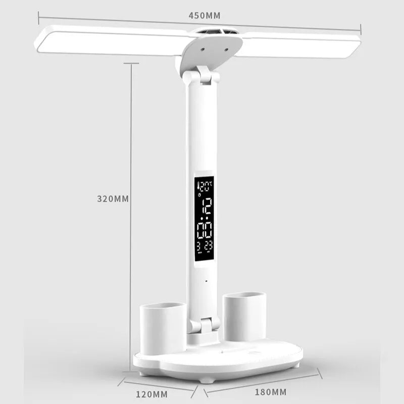 Lampe de bureau LED pliable avec horloge, chargement USB et lumière à intensité variable