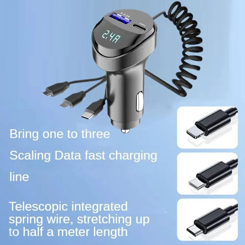 55W 2-Port USB Car Phone Charger 3.1A with Voltage Display Three-In-One USB Retractable Charging Cable
