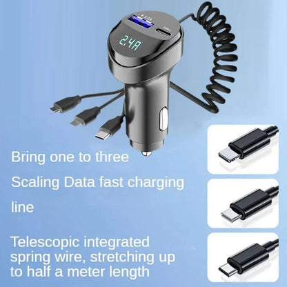 55W 2-Port USB Car Phone Charger 3.1A with Voltage Display Three-In-One USB Retractable Charging Cable
