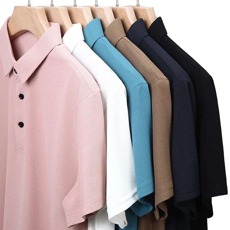 Casual Solid Color Waffle Short Sleeve Polo Shirt
