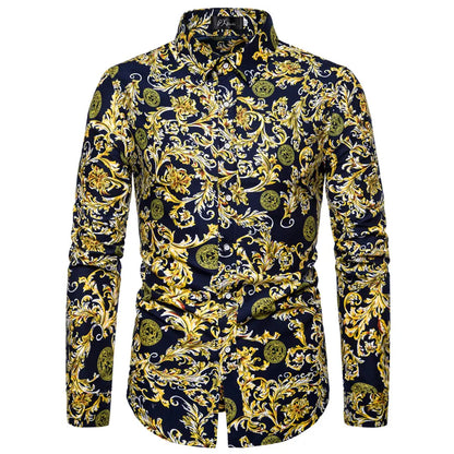 Chemise à manches longues à revers de style vacances à imprimé floral pour hommes