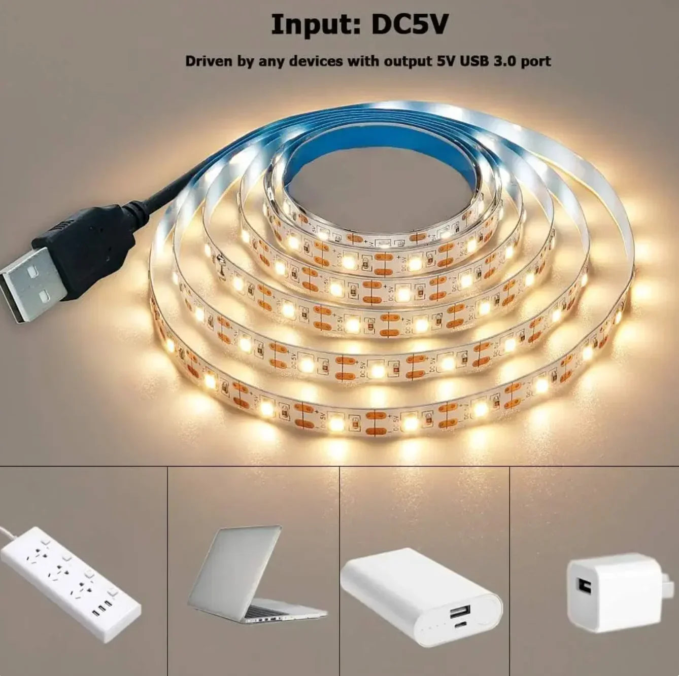 Bande lumineuse LED USB DC 5 V - Rétroéclairage TV blanc chaud et décoration intérieure - 1 à 5 m