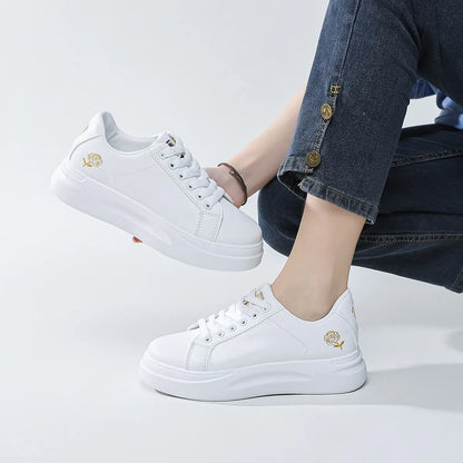 Women's Stylish Lace-Up Skate White Floral Embroidered Sneakers