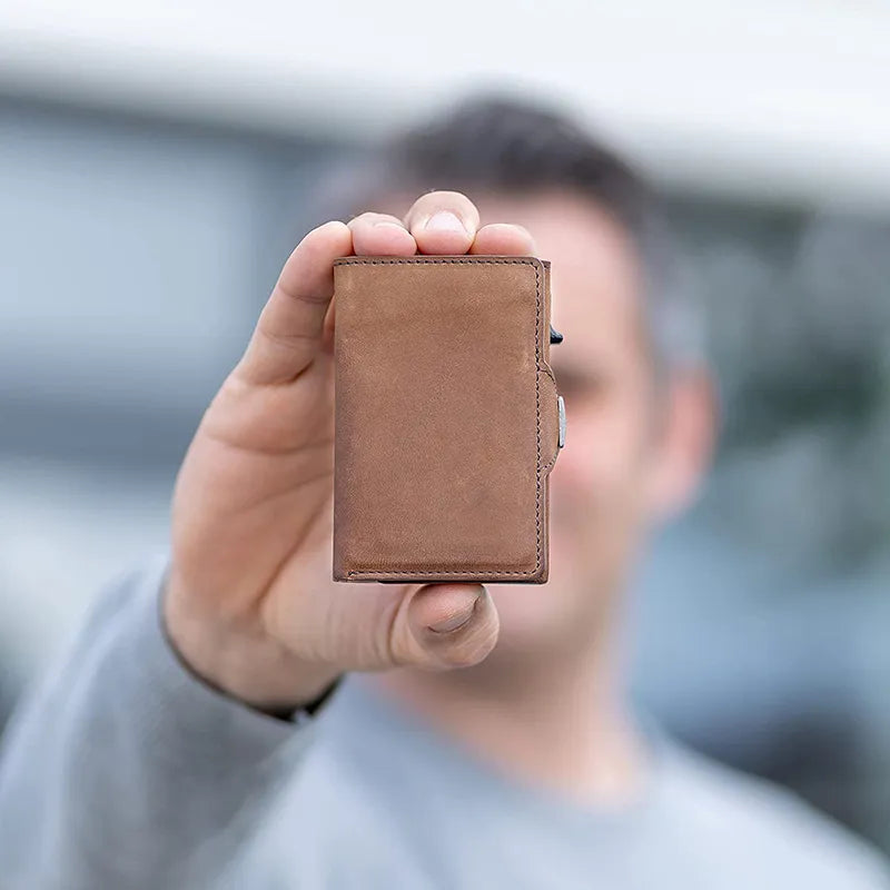 Portefeuille RFID en cuir véritable avec étui à cartes pop-up