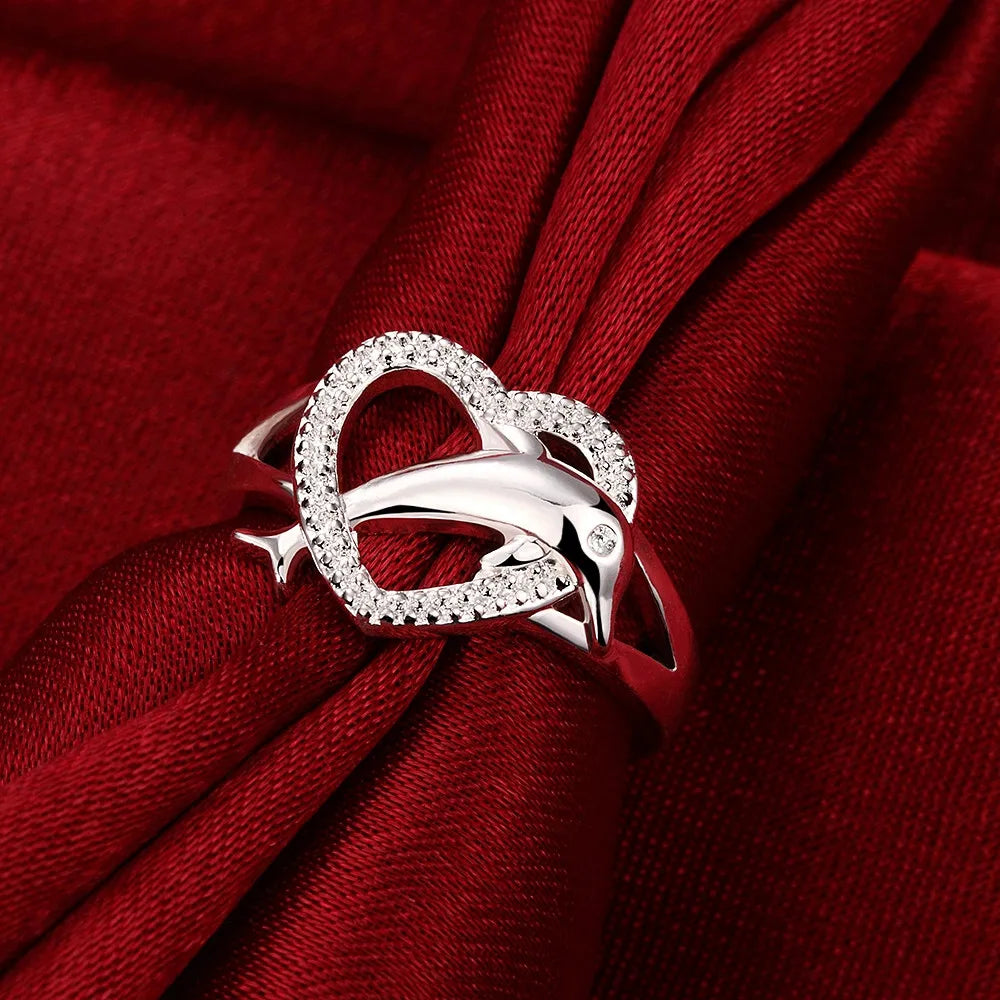 925 Sterling Silver Dolphin Heart Women Ring