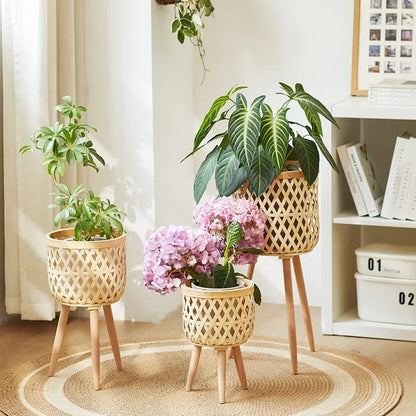 Bamboo Plant Stand with Handwoven Flower Pot