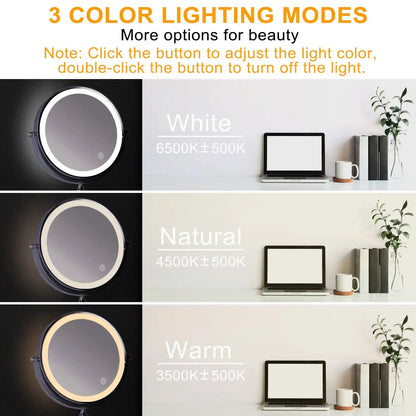 Miroir de maquillage double face à LED noir mat