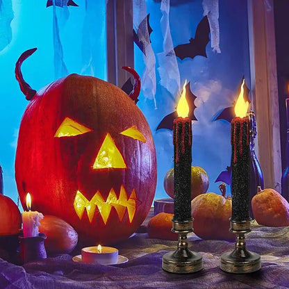 Lot de 2 bougies coniques sans flamme à LED pour Halloween – « Larmes de vampire » noires avec bases