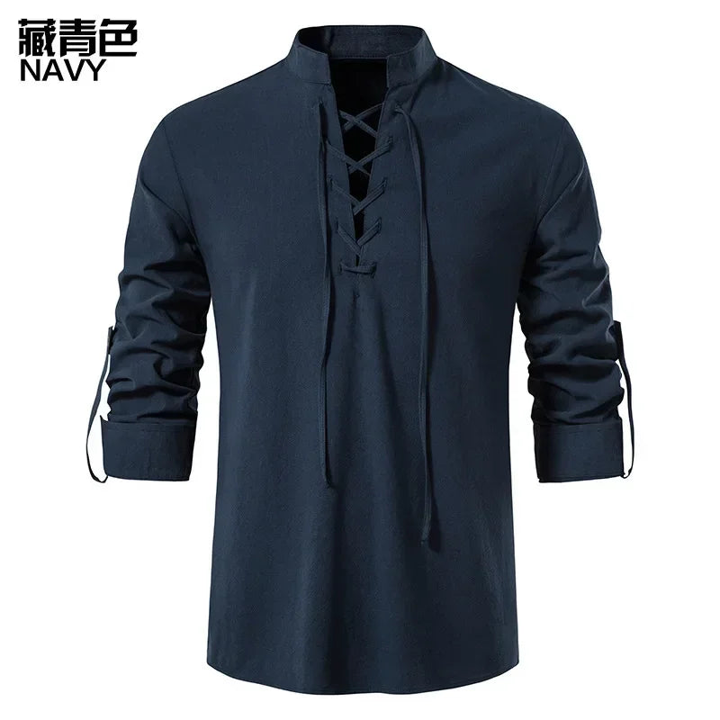 Haut décontracté à lacets et col en V à manches longues pour hommes