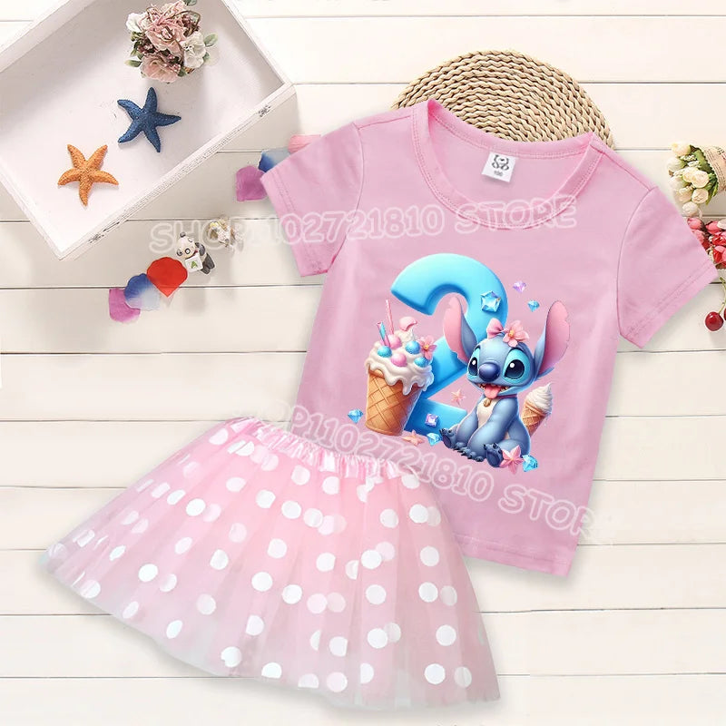 Kid's 2 Pcs Cartoon Number Print Round Neck T-shirt Dress