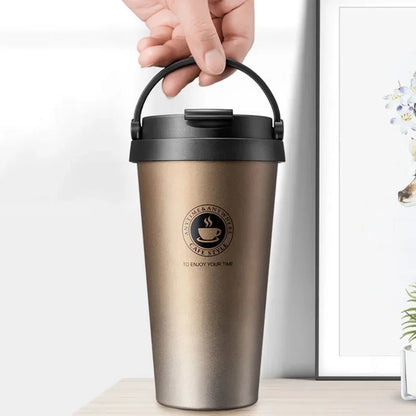 Tasse à café de voyage isotherme de 500 ml – Gobelet anti-fuite à double paroi en acier inoxydable avec couvercle et poignée