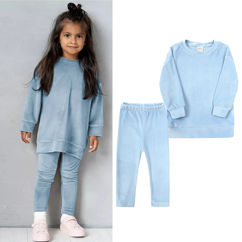 Costume de printemps en velours pour enfants, ensemble pull avec pantalon