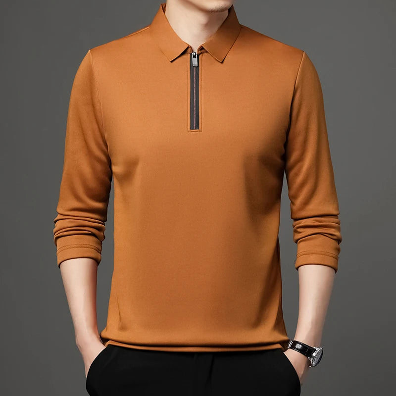 Men's Long Sleeve Zipper Polo Shirt with Turn-Down Collar