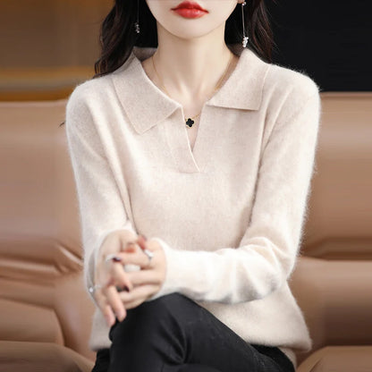 Pulls polo tricotés à manches longues en pur vison et cachemire pour femmes