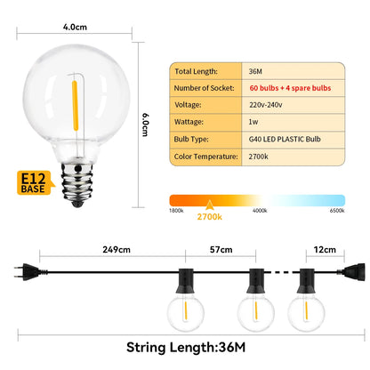 36m G40 LED Outdoor String Lights with 64 Bulbs