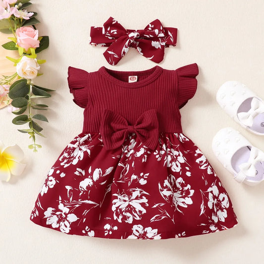 Newborn Baby Girl's Korean-style Floral Dress with Butterfly Sleeves