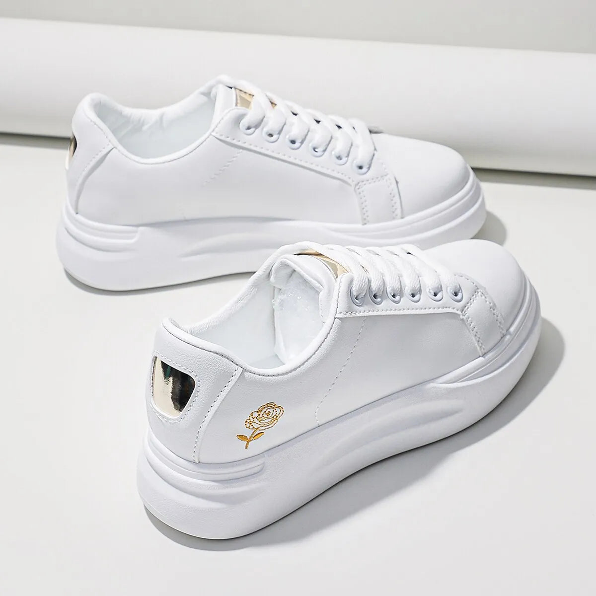 Women's Stylish Lace-Up Skate White Floral Embroidered Sneakers