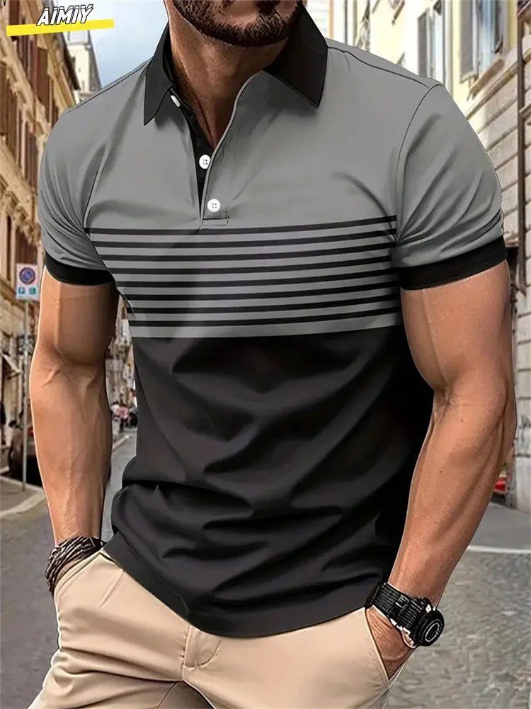 Herren Golf Stripe Poloshirt Lässiges Kurzarm-Poloshirt Einfarbiges Revers Mode Neues Business-Sport-T-Shirt Atmungsaktives Oberteil