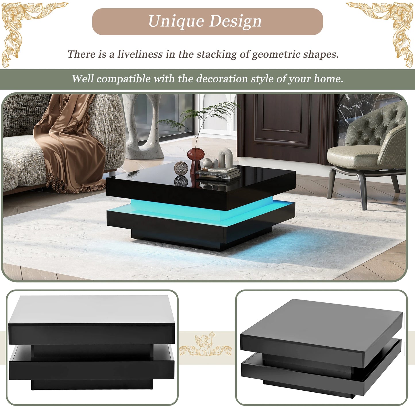 Coffee Table with Detachable Tray and Plug-in 16-color LED