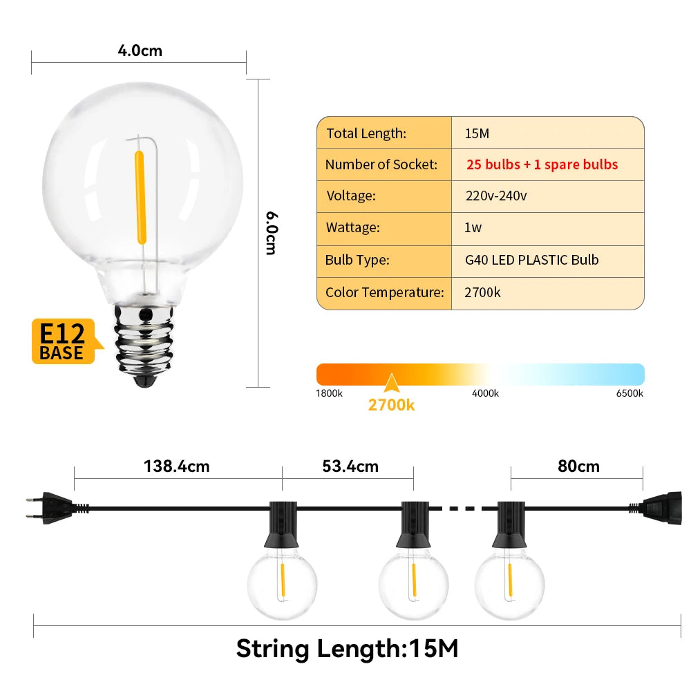 36m G40 LED Outdoor String Lights with 64 Bulbs