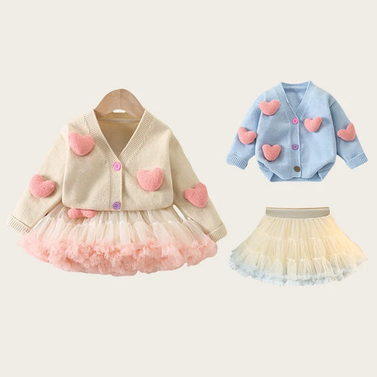 Lot de 2 pulls et jupes tutu en tricot avec motif de cœur 3D pour petites filles