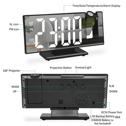 USB-Powered Digital Alarm Clock with 180° Projection & Temperature Display