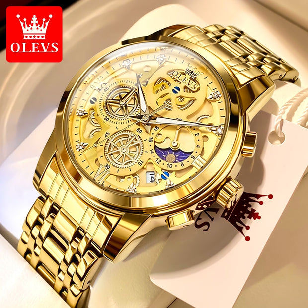 OLEVS Men's Watches Top Brand Luxury Original Waterproof Quartz Watch for Man Gold Skeleton Style 24 Hour Day Night New
